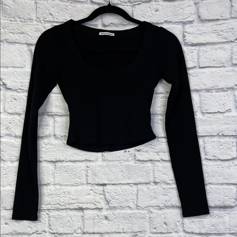 Reformation Black Ribbed Cropped Long Sleeve Top Dress Y2K